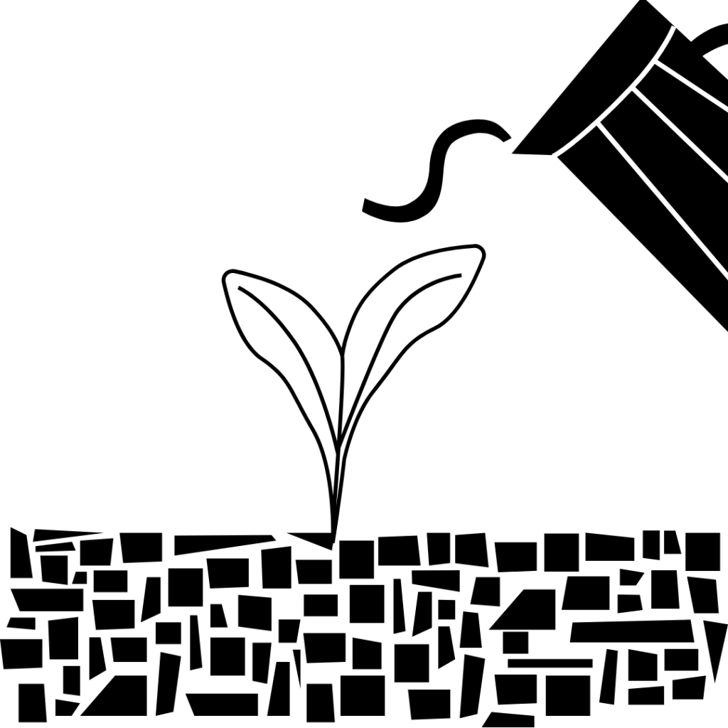 drawing of sprout being watered, black outline on white background